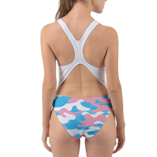 Teen - Plus Size Blue Pink White Pride Camouflage Cut-Out Back Swimsuit