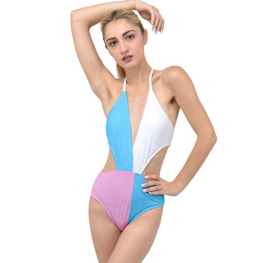 Teen - Plus Size Blue Pink White Pride Harlequin Plunging Cut-Out Swimsuit