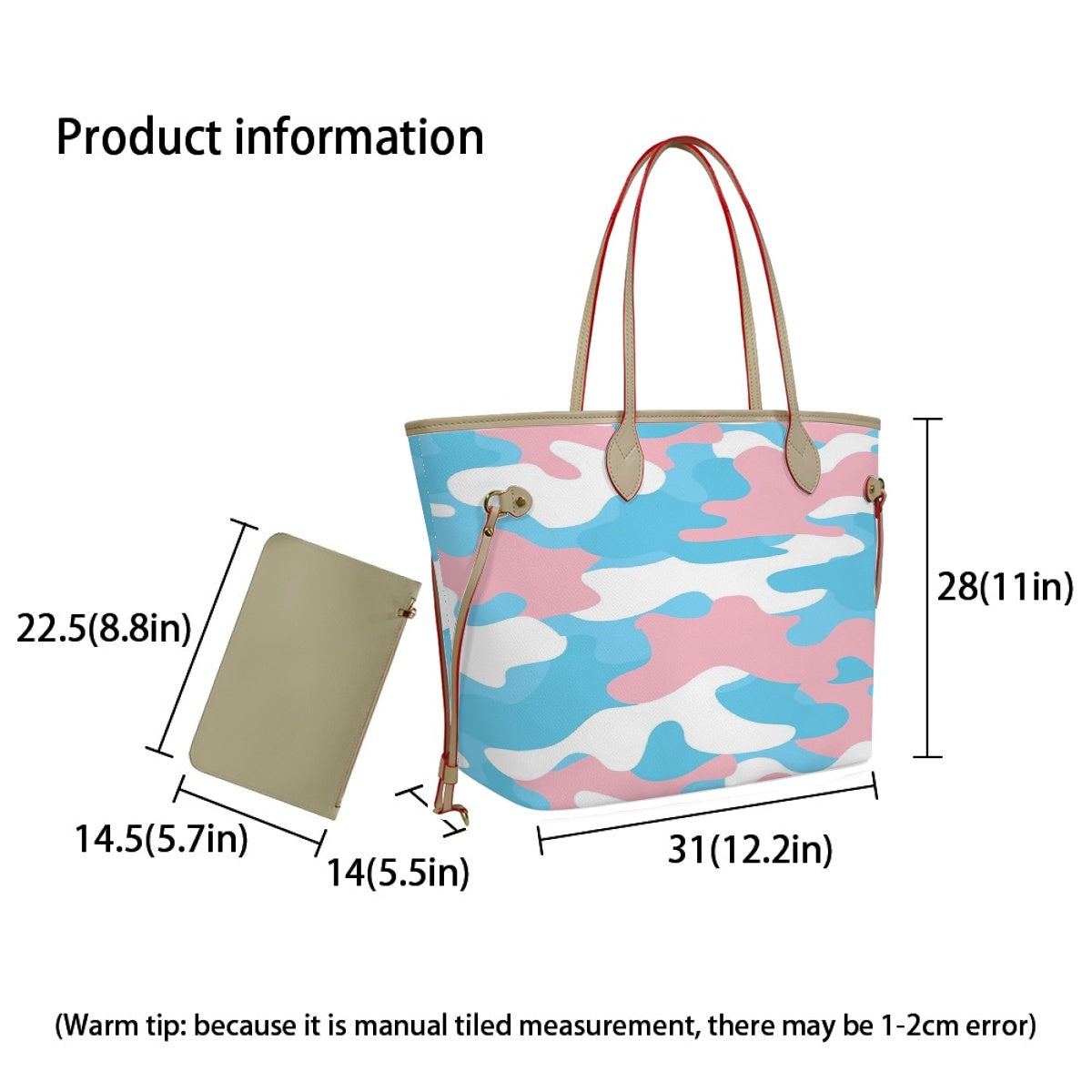 Large Blue Pink White Pride Camouflage Vegan Leather Tote Handbag & Purse Set