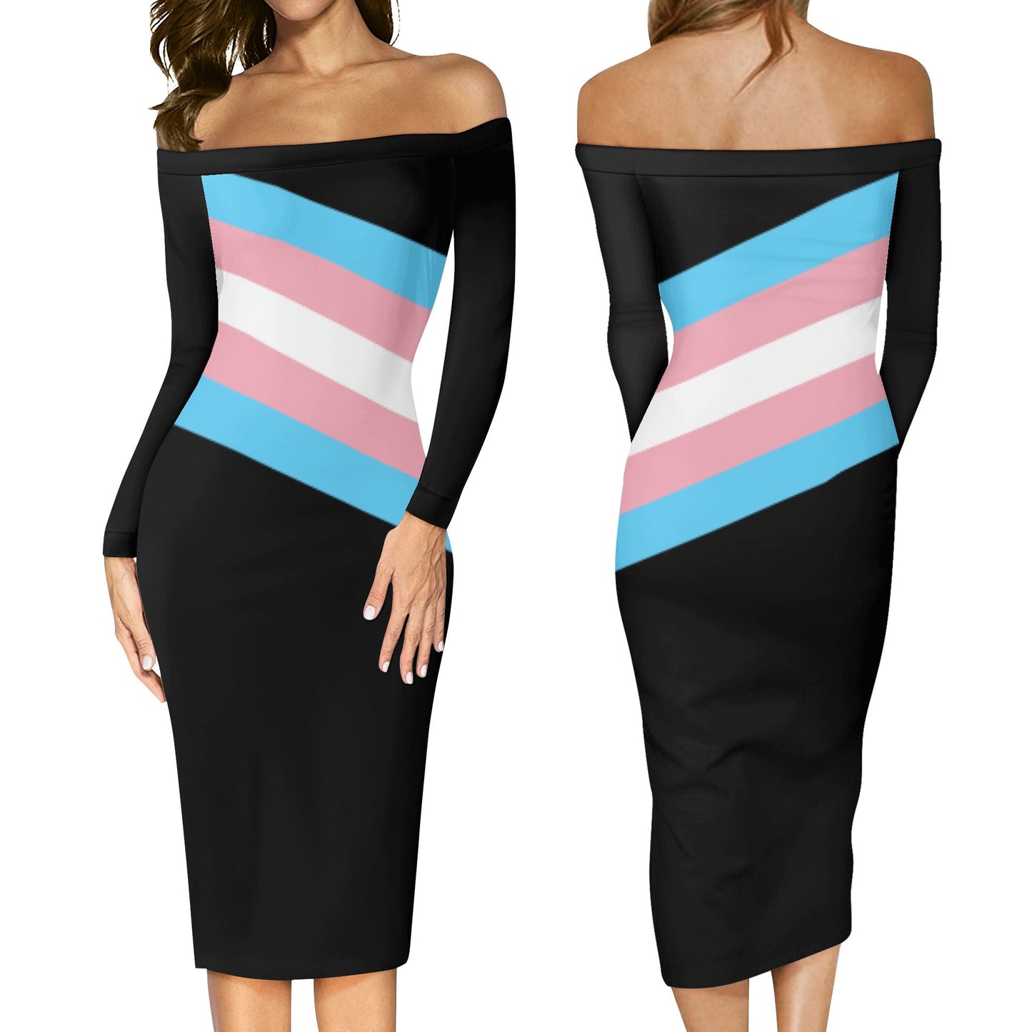 S - 6XL Blue Pink White Pride Accent Off-Shoulder Black Hugging Dress