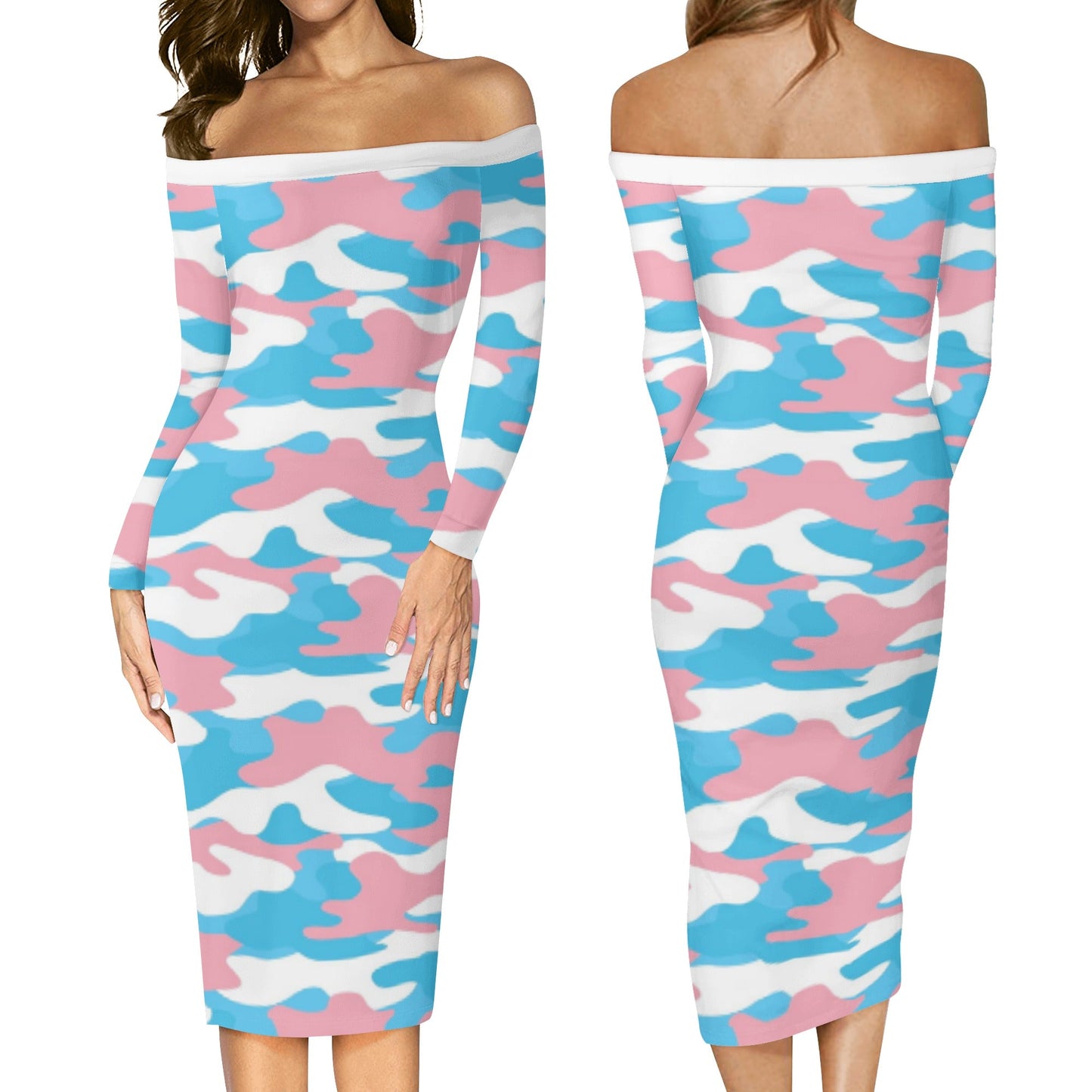 S - 6XL Blue Pink White Pride Camouflage Off-Shoulder Hugging Dress