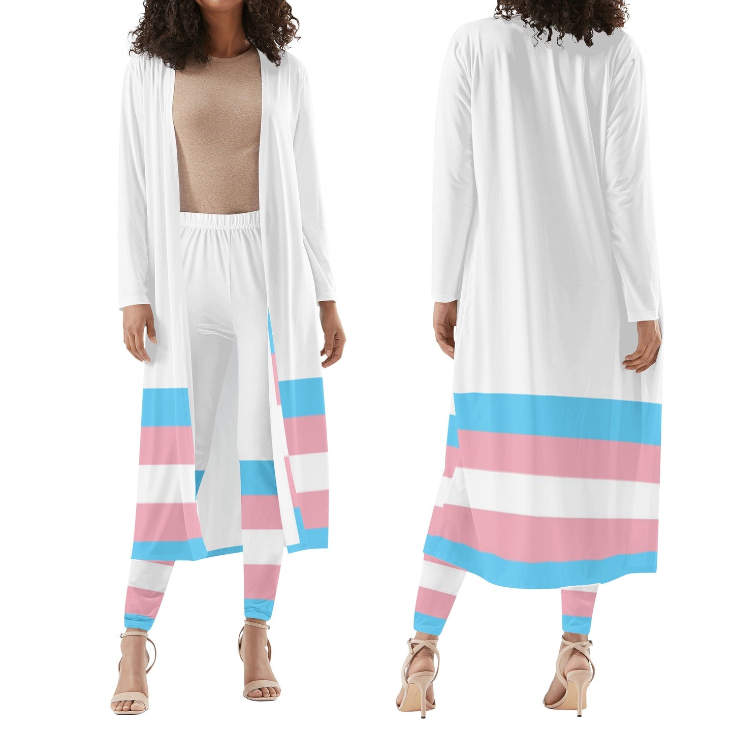 Blue Pink White Trans Ribbon Series White Long-Sleeve Beach Cover and Street Leggings Set