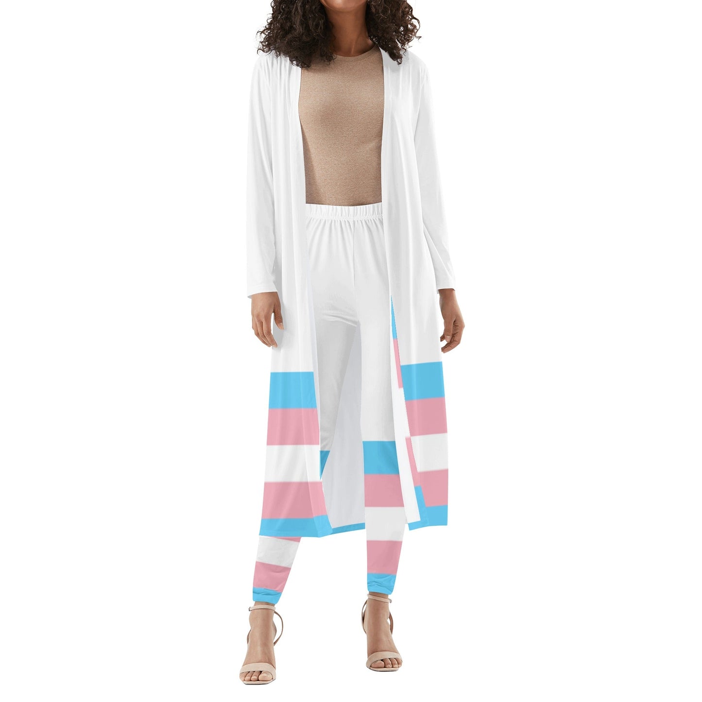 Blue Pink White Trans Ribbon Series White Long-Sleeve Beach Cover and Street Leggings Set