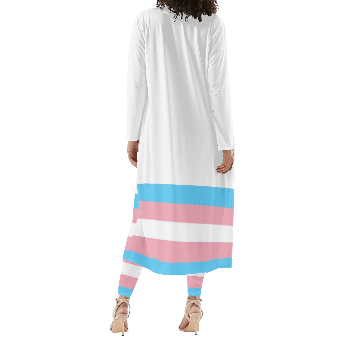 Blue Pink White Trans Ribbon Series White Long-Sleeve Beach Cover and Street Leggings Set
