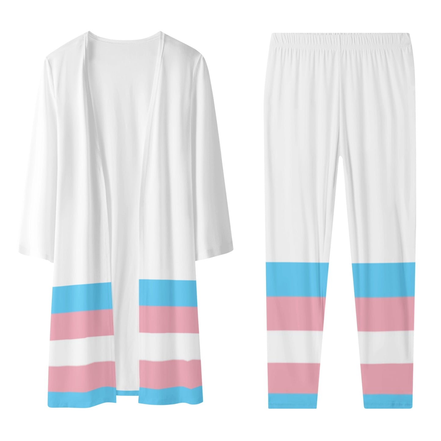 Blue Pink White Trans Ribbon Series White Long-Sleeve Beach Cover and Street Leggings Set