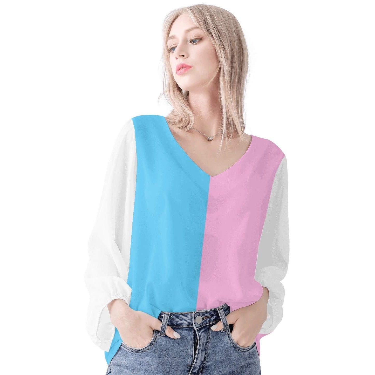 Teen - Plus Size Blue Pink White Pride Puff Sleeve Blouse