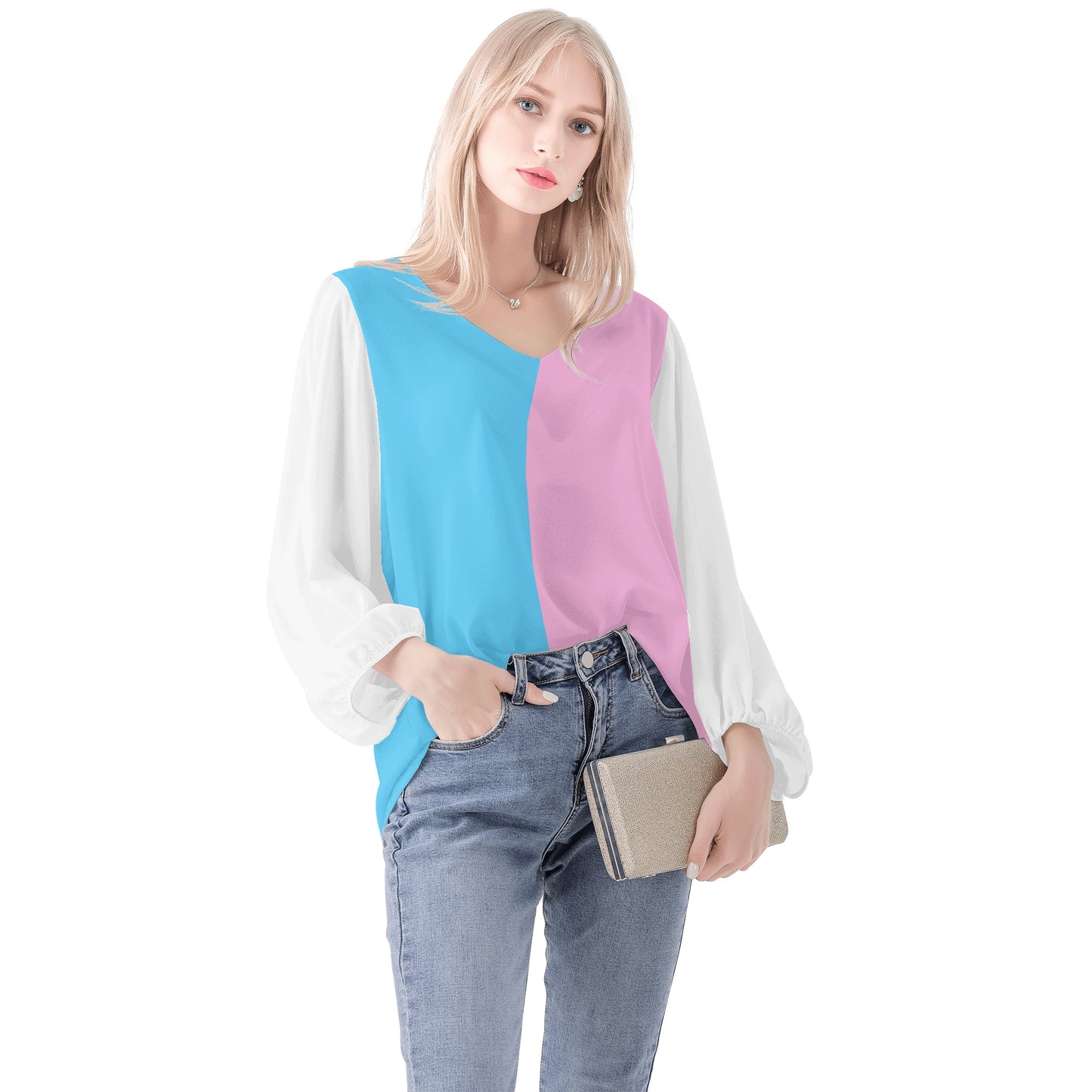 Teen - Plus Size Blue Pink White Pride Puff Sleeve Blouse