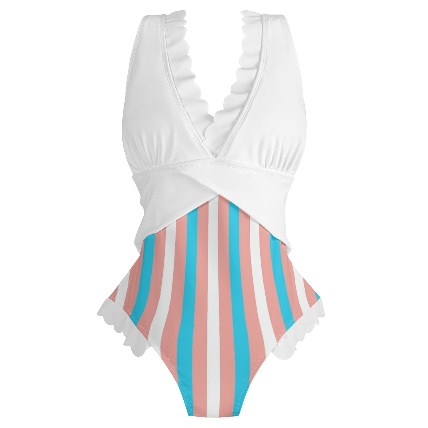 S-4XL Blue Pink White Pride Cross-Front Ruffle Edged Bathing Suit