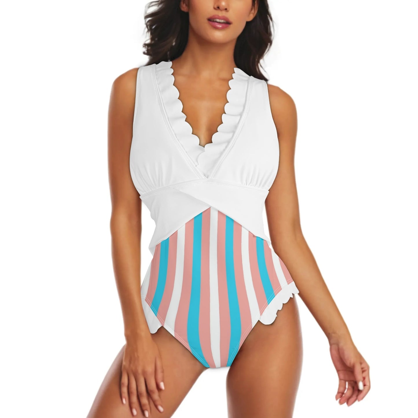 S-4XL Blue Pink White Pride Cross-Front Ruffle Edged Bathing Suit