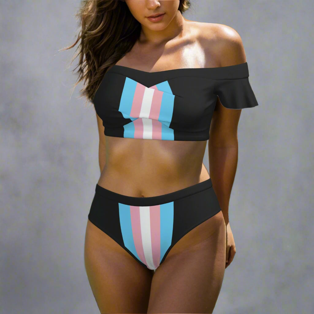 S-6XL Pride Black Bikini Swimsuit with Ruffle Sleeves