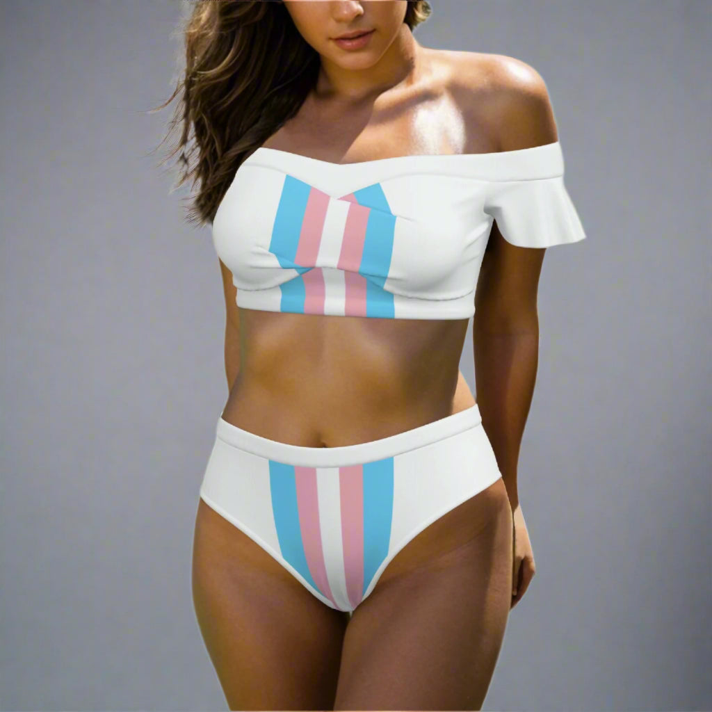S-6XL Pride White Bikini Swimsuit with Ruffle Sleeves