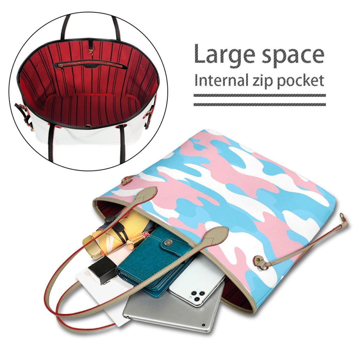 Large Blue Pink White Pride Camouflage Vegan Leather Tote Handbag & Purse Set