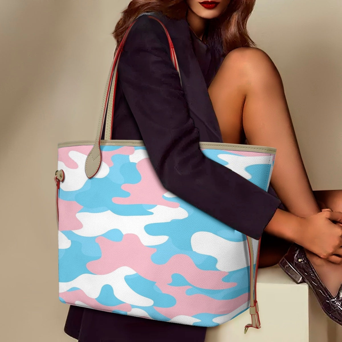 Large Blue Pink White Pride Camouflage Vegan Leather Tote Handbag & Purse Set
