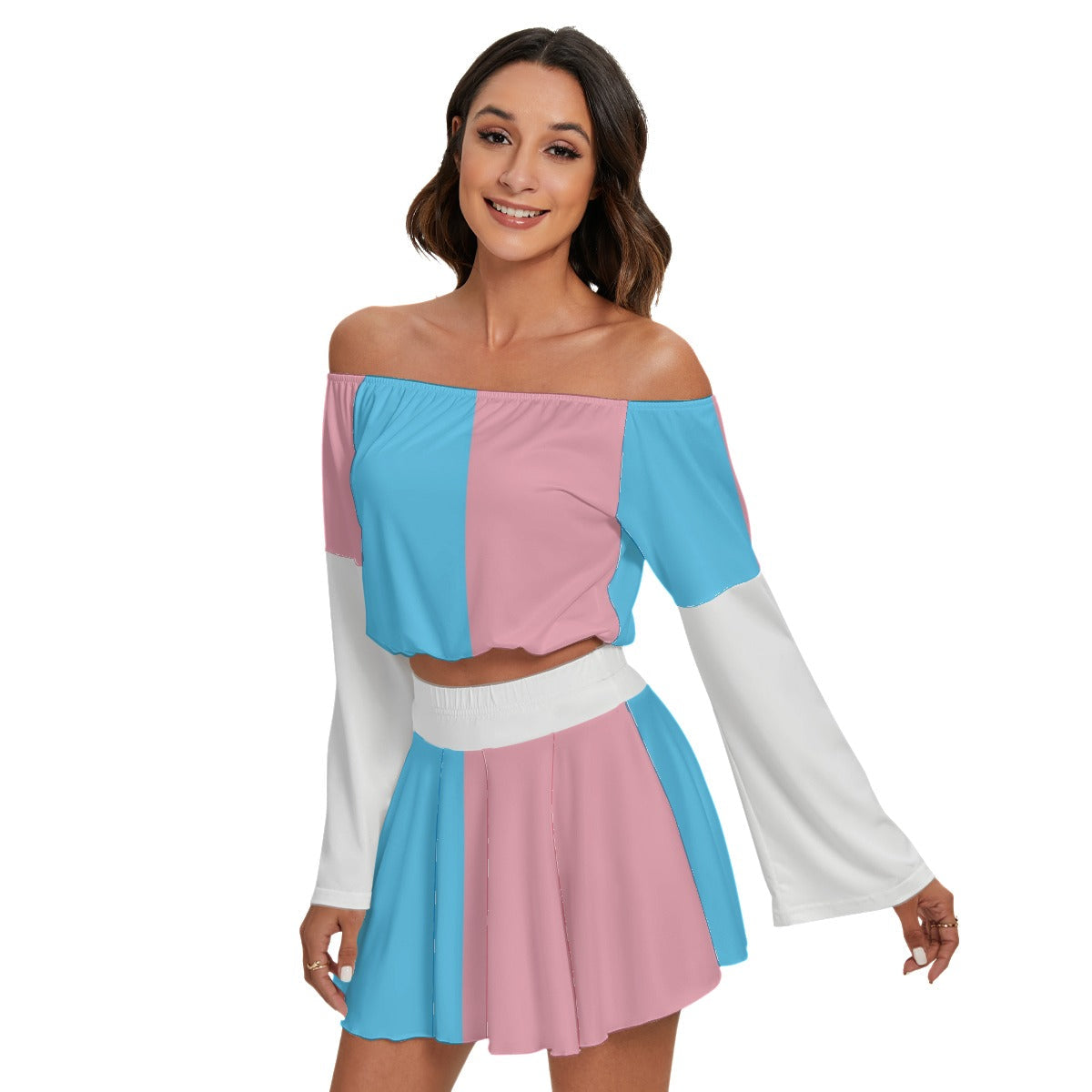 Blue Pink White Vive Le Paris Pride Off-Shoulder Top & Skater Skirt Set