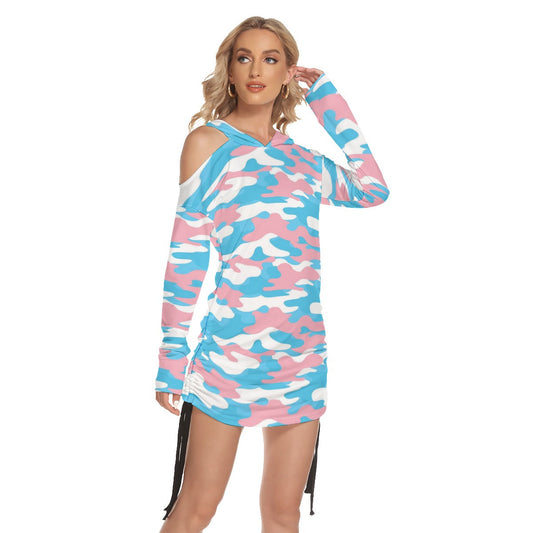 Blue Pink White Hooded All Over Pride Camouflage One-Shoulder Dress