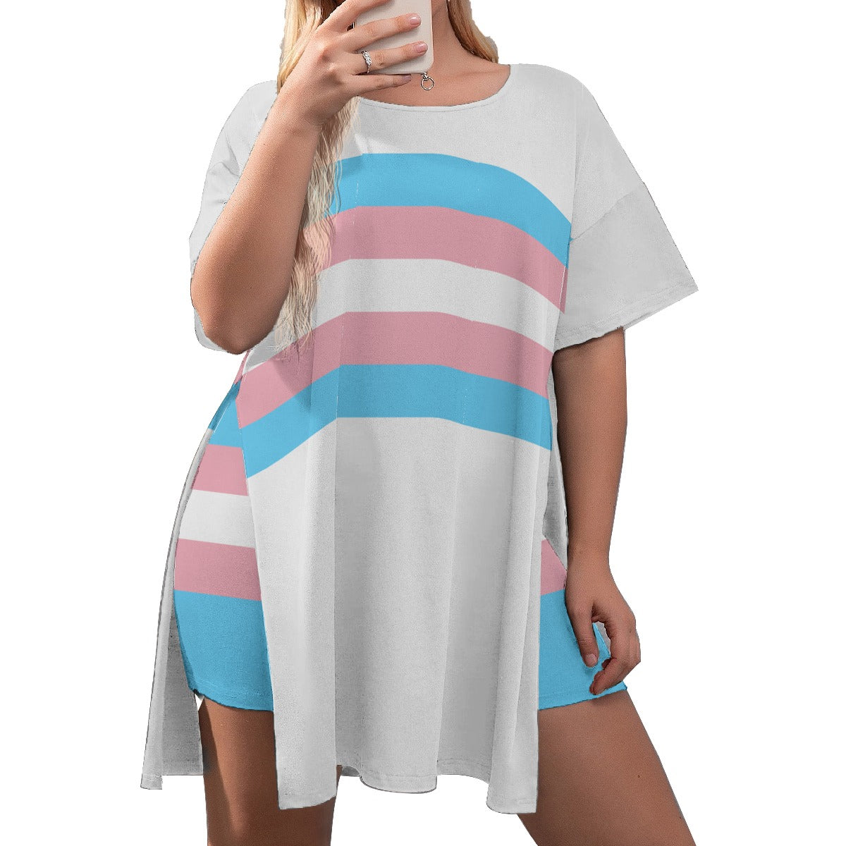 Plus Size Blue Pink White Pride Drop-Sleeve Split-Sided T-Shirt and Shorts Set