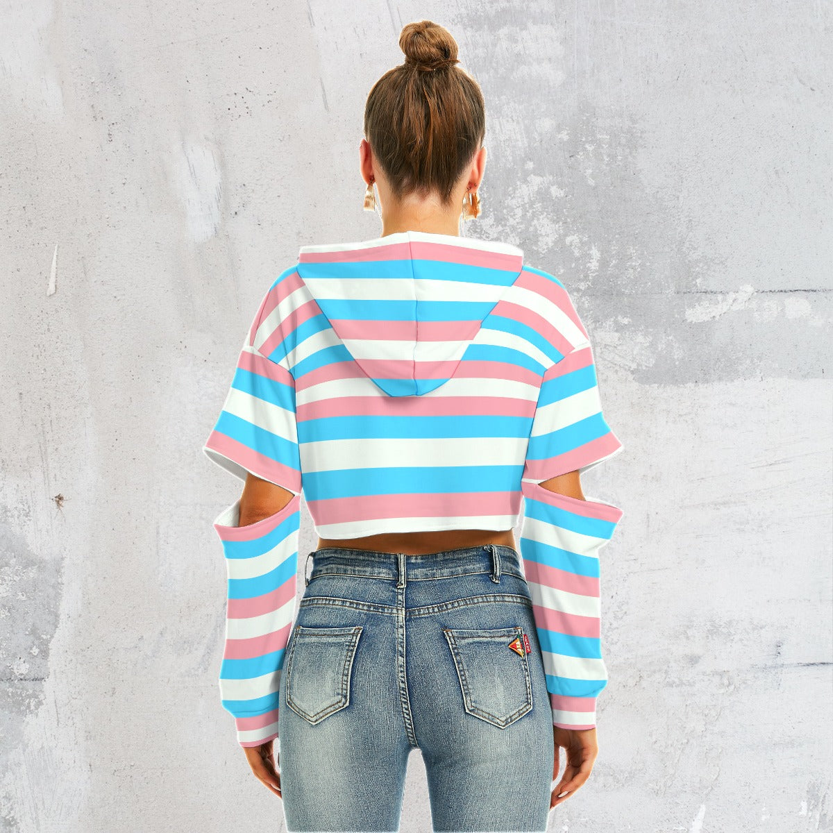 Teen Blue Pink White Cut-Sleeved Cropped Hoodie