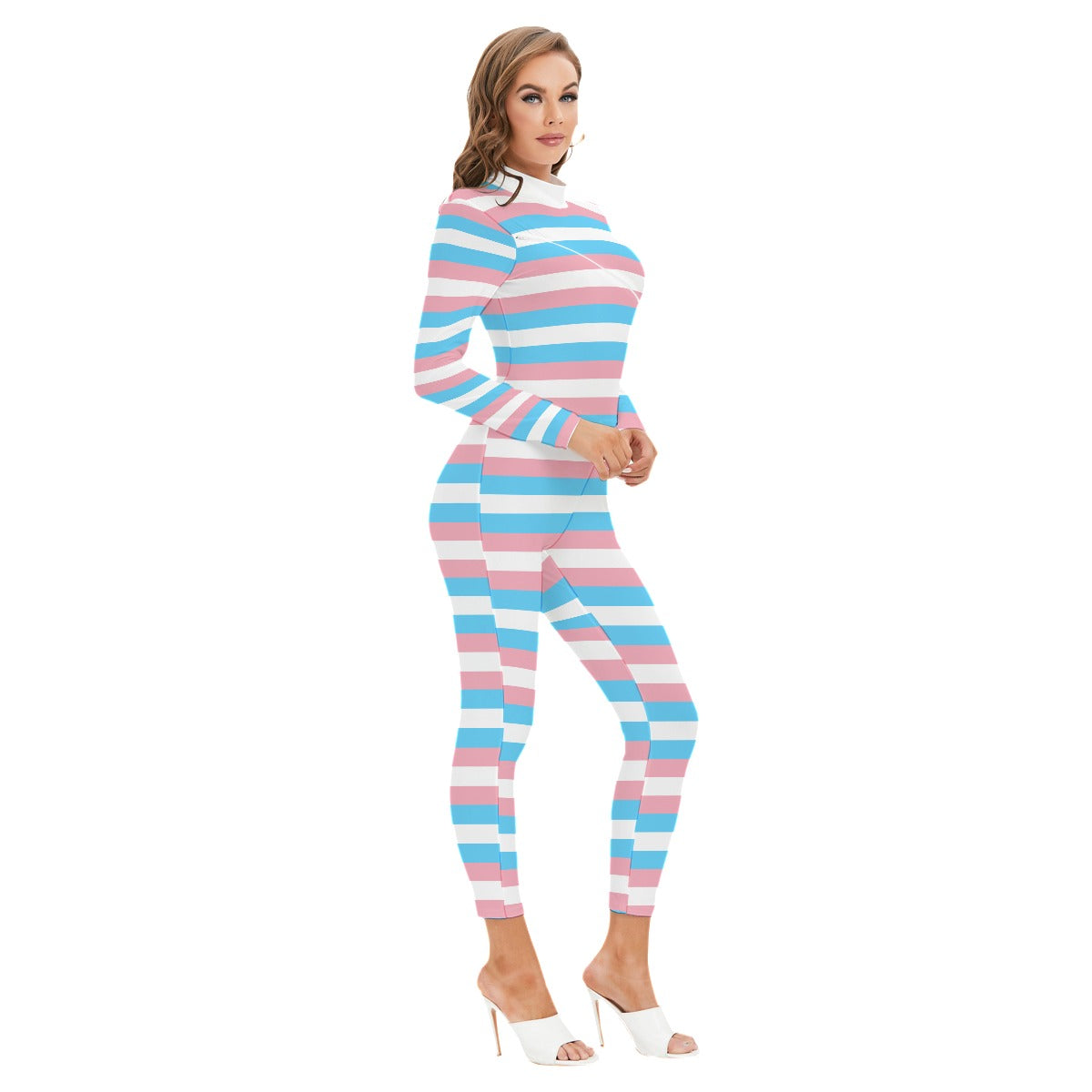 Trans Coloured Pride Ribbon Cross-Body Zipped Bodyform Catsuit