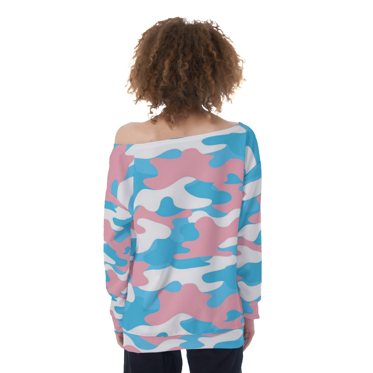 Teen - Plus Size Blue Pink White Trans Pride Camouflage Off-Shoulder Sweatshirt