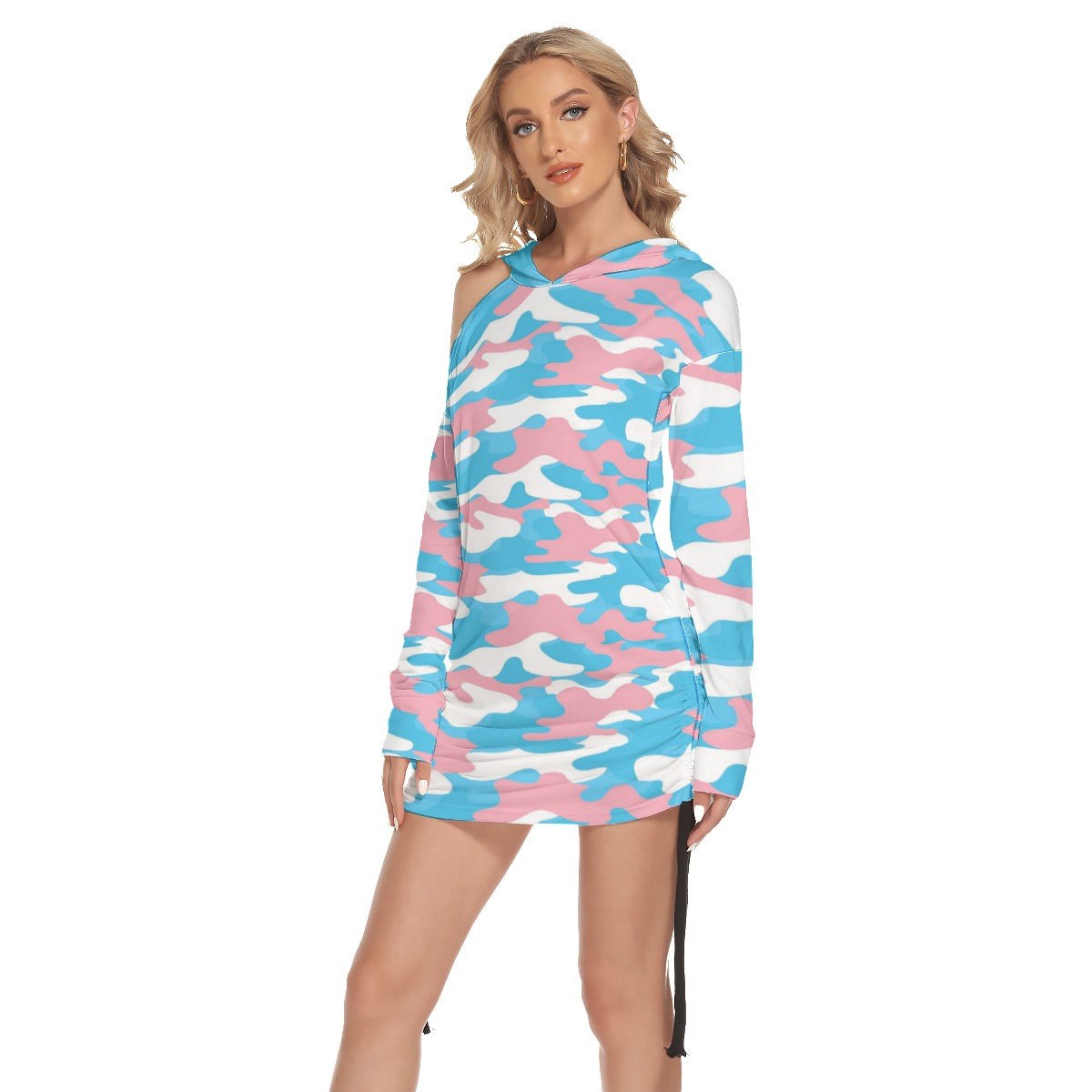 Blue Pink White Hooded All Over Pride Camouflage One-Shoulder Dress