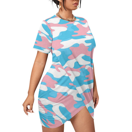 Plus Size Trans Coloured Camouflage Stacked Hem Short-Sleeved T-Shirt Dress