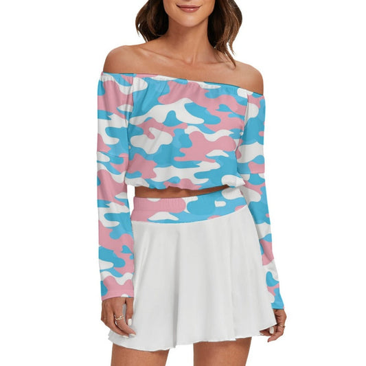Blue Pink White All Over Pride Camouflage Off-Shoulder Top & Skater Skirt Set
