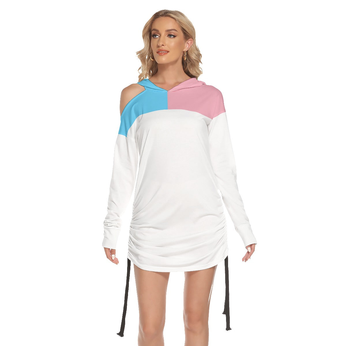 Blue Pink White Hooded All Over Transcolors Pride White One-Shoulder Dress