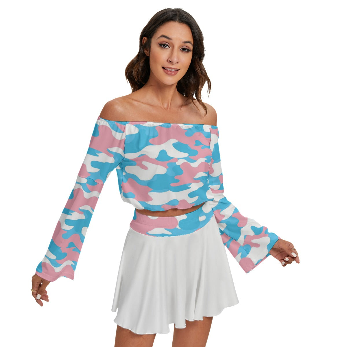 Blue Pink White All Over Pride Camouflage Off-Shoulder Top & Skater Skirt Set