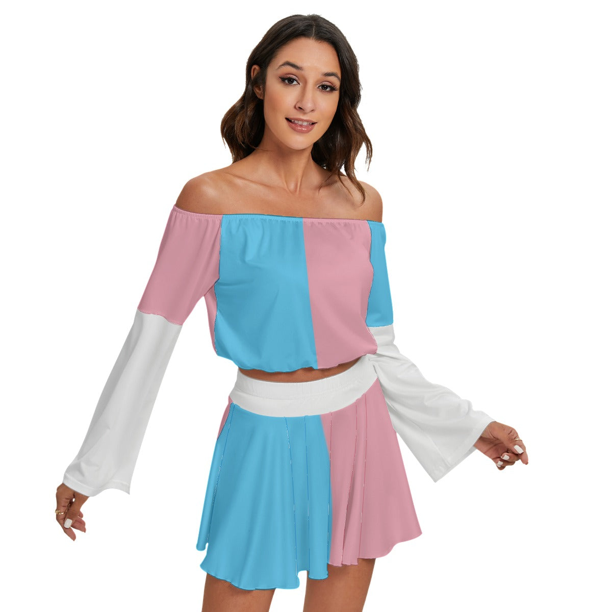 Blue Pink White Vive Le Paris Pride Off-Shoulder Top & Skater Skirt Set