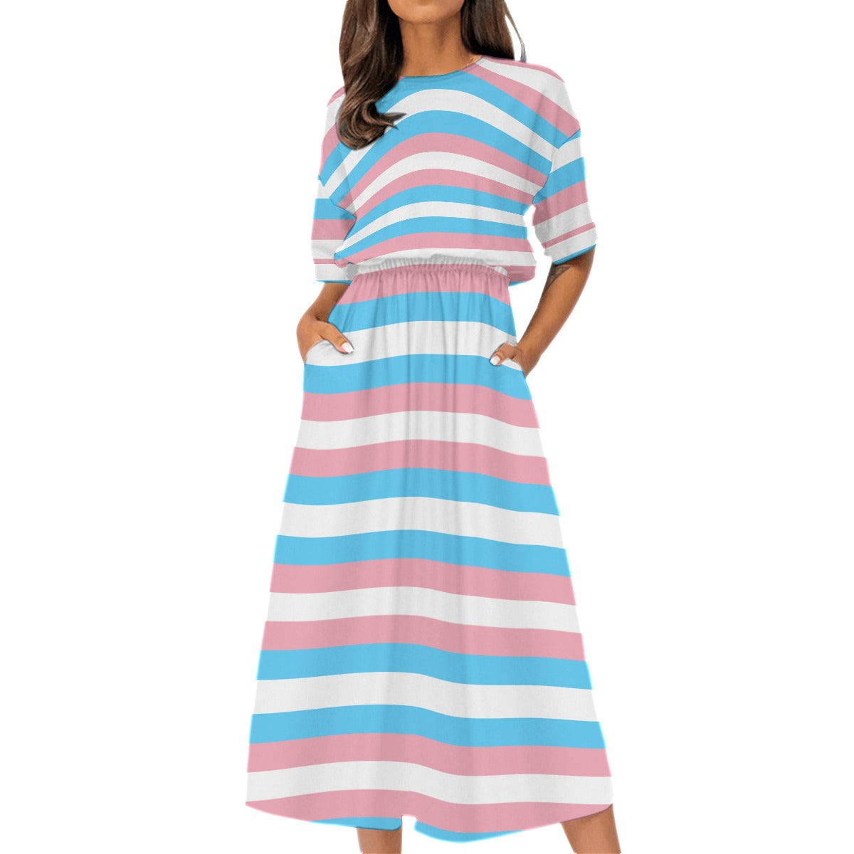 Trans Coloured Trans Pride Ribbon Elastic-Waist Calf Length Dress