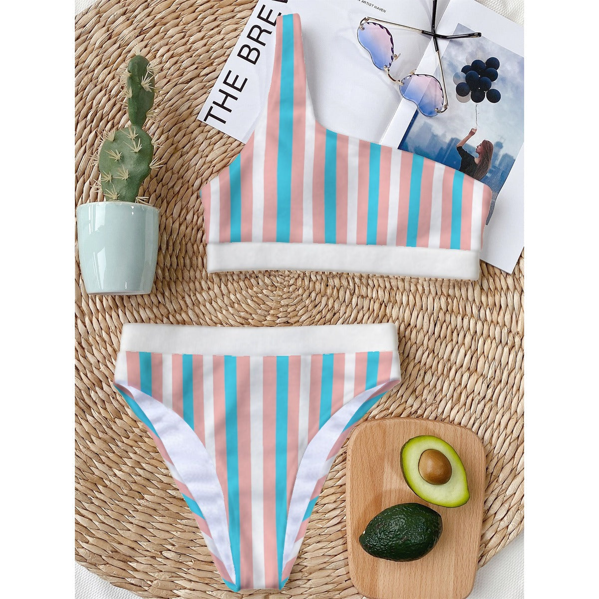 Trans Colored, Trans Pride, All Over Candy Striped, Single Shoulder Bikini