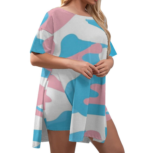 Plus Size Blue Pink White Pride Camouflage Drop-Sleeve Split-Sided T-Shirt and Shorts Set