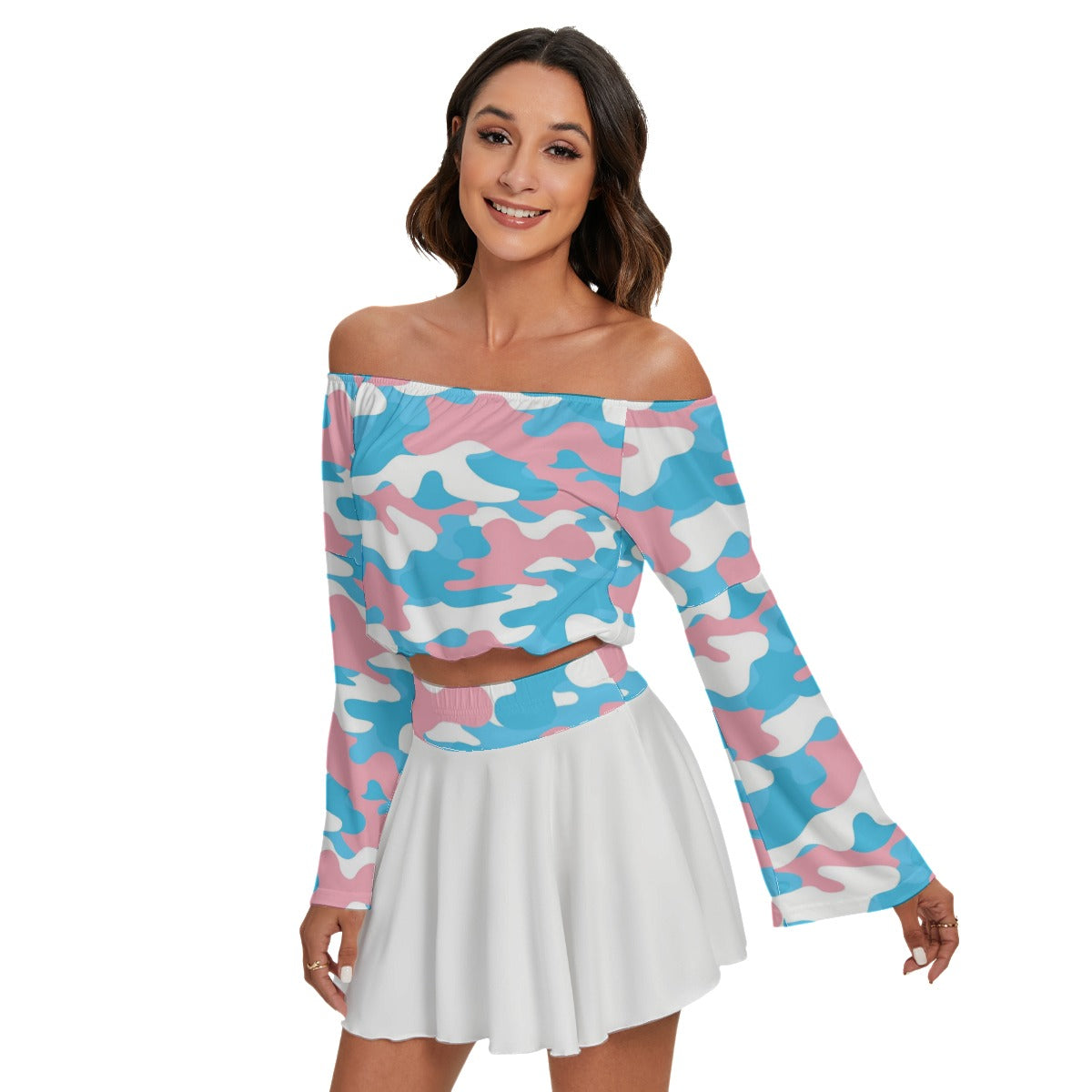 Blue Pink White All Over Pride Camouflage Off-Shoulder Top & Skater Skirt Set