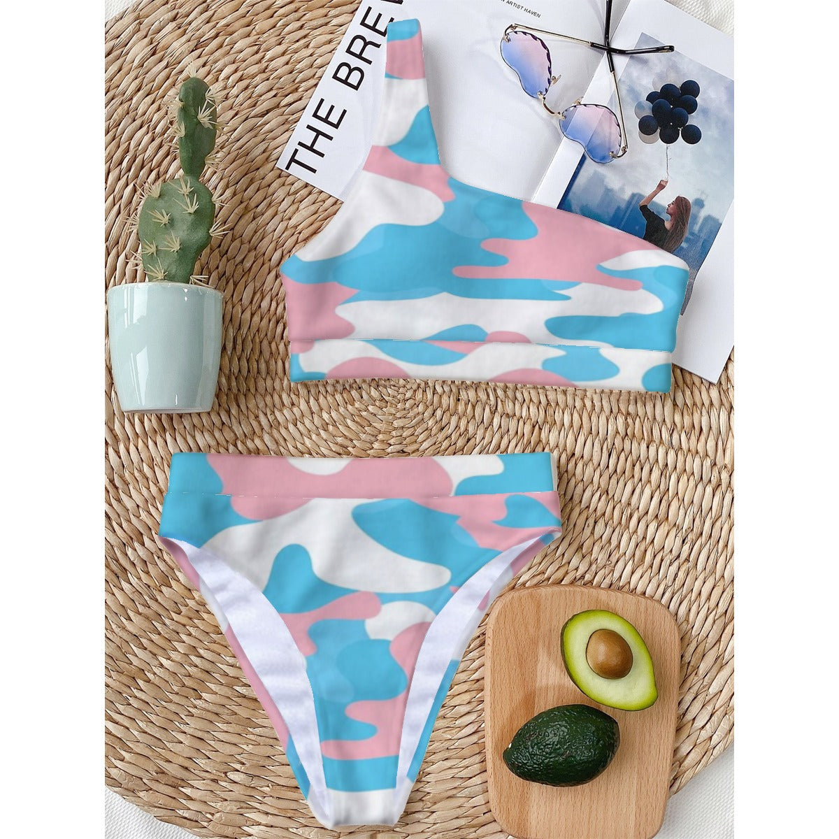Blue Pink White All Over Camouflage, Single-Shoulder Bikini