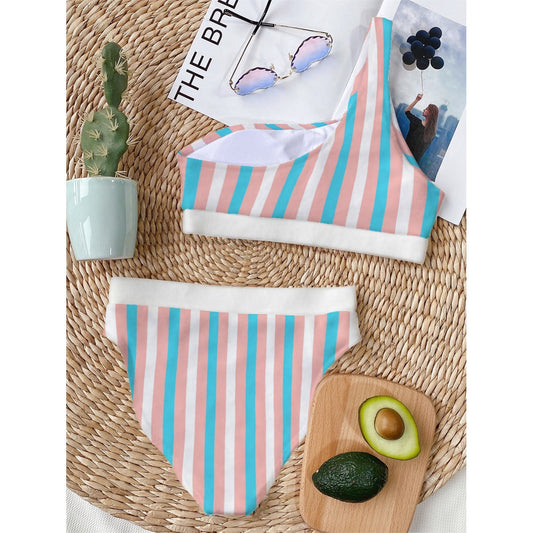 Trans Colored, Trans Pride, All Over Candy Striped, Single Shoulder Bikini