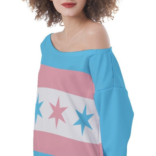 Teen - Plus Size Blue Pink White Trans Chicago Pride Off-Shoulder Sweatshirt
