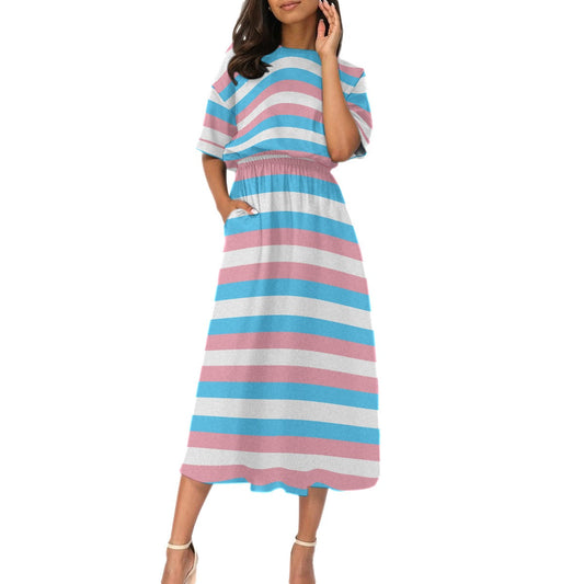 Trans Coloured Trans Pride Ribbon Elastic-Waist Calf Length Dress