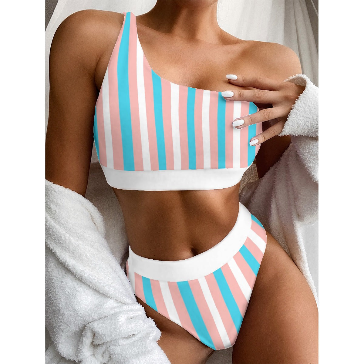 Trans Colored, Trans Pride, All Over Candy Striped, Single Shoulder Bikini