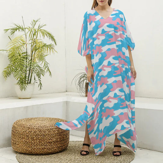 Trans Coloured Pride Camouflage Imitation Silk V-Neck Kaftan Robe