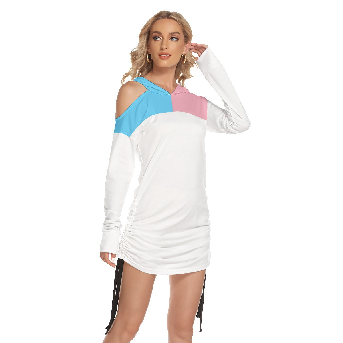 Blue Pink White Hooded All Over Transcolors Pride White One-Shoulder Dress