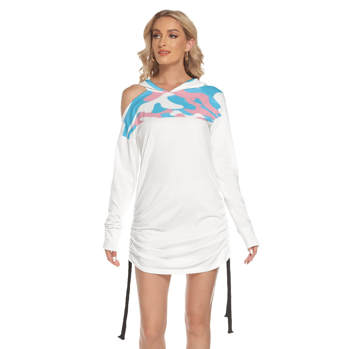Blue Pink White Hooded All Over Transcolors Camoflage/White One-Shoulder Dress