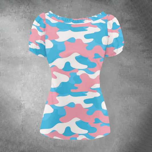 S-5XL Pride Camouflage Puff Sleeve Pleated Shirt