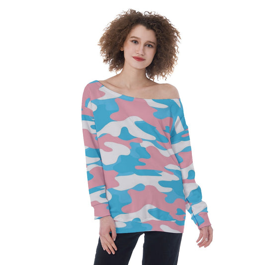 Teen - Plus Size Blue Pink White Trans Pride Camouflage Off-Shoulder Sweatshirt