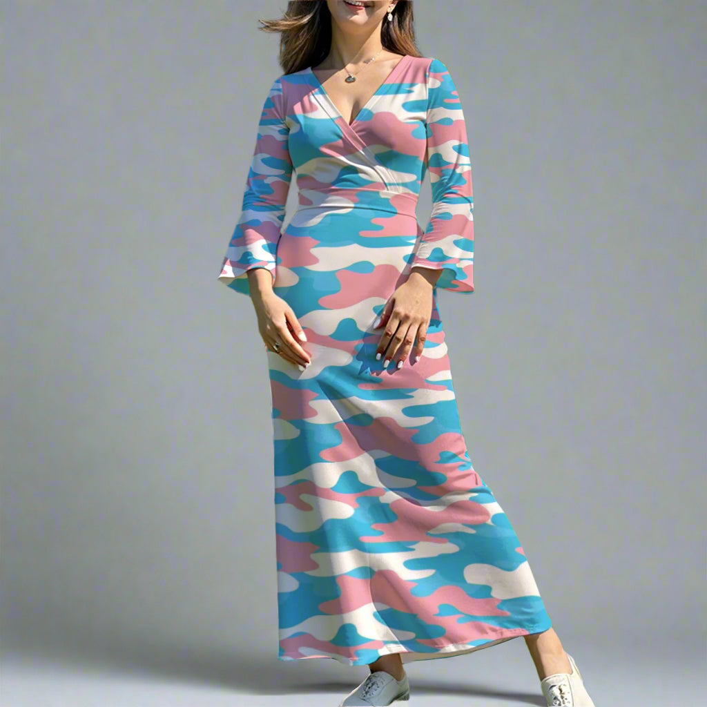 S - 6XL Long Sleeve Pride Camouflage White Maxi Dress