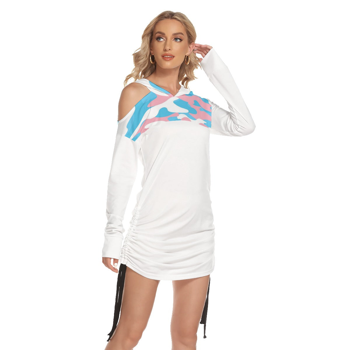 Blue Pink White Hooded All Over Transcolors Camoflage/White One-Shoulder Dress