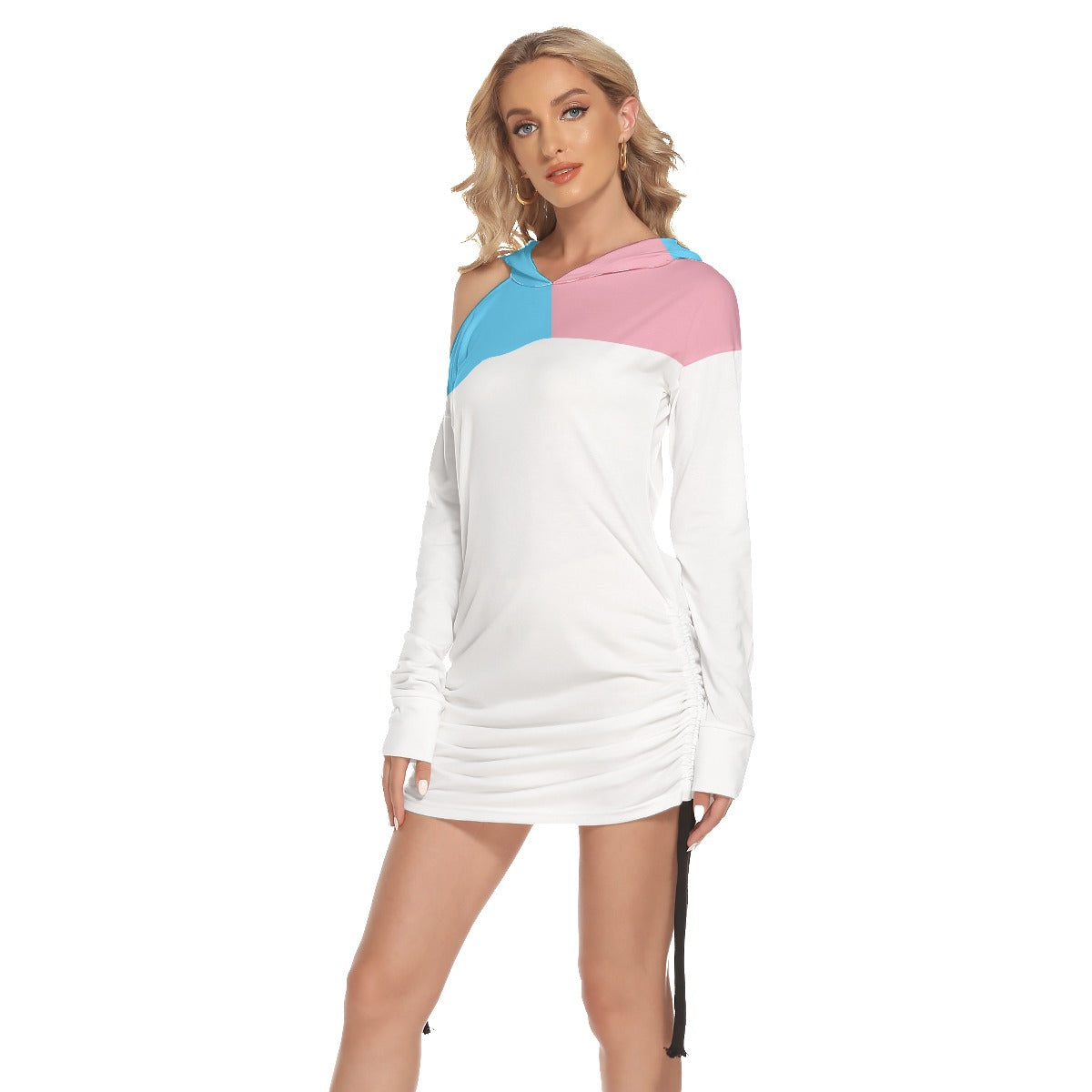Blue Pink White Hooded All Over Transcolors Pride White One-Shoulder Dress