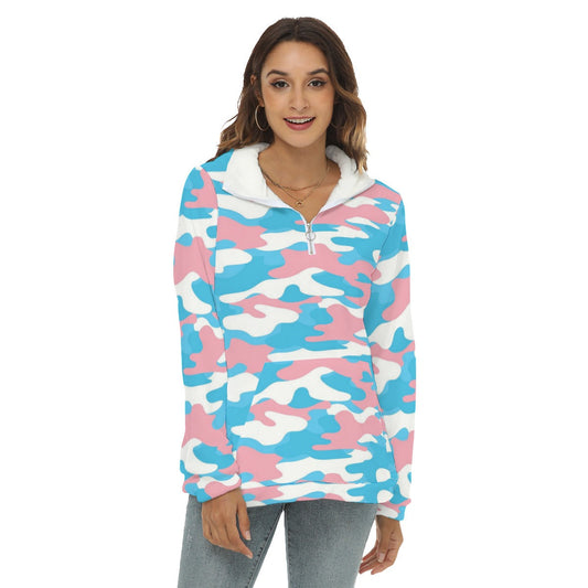 Blue Pink White All-Over Camouflage Pride Print Borg Fleece Sweatshirt