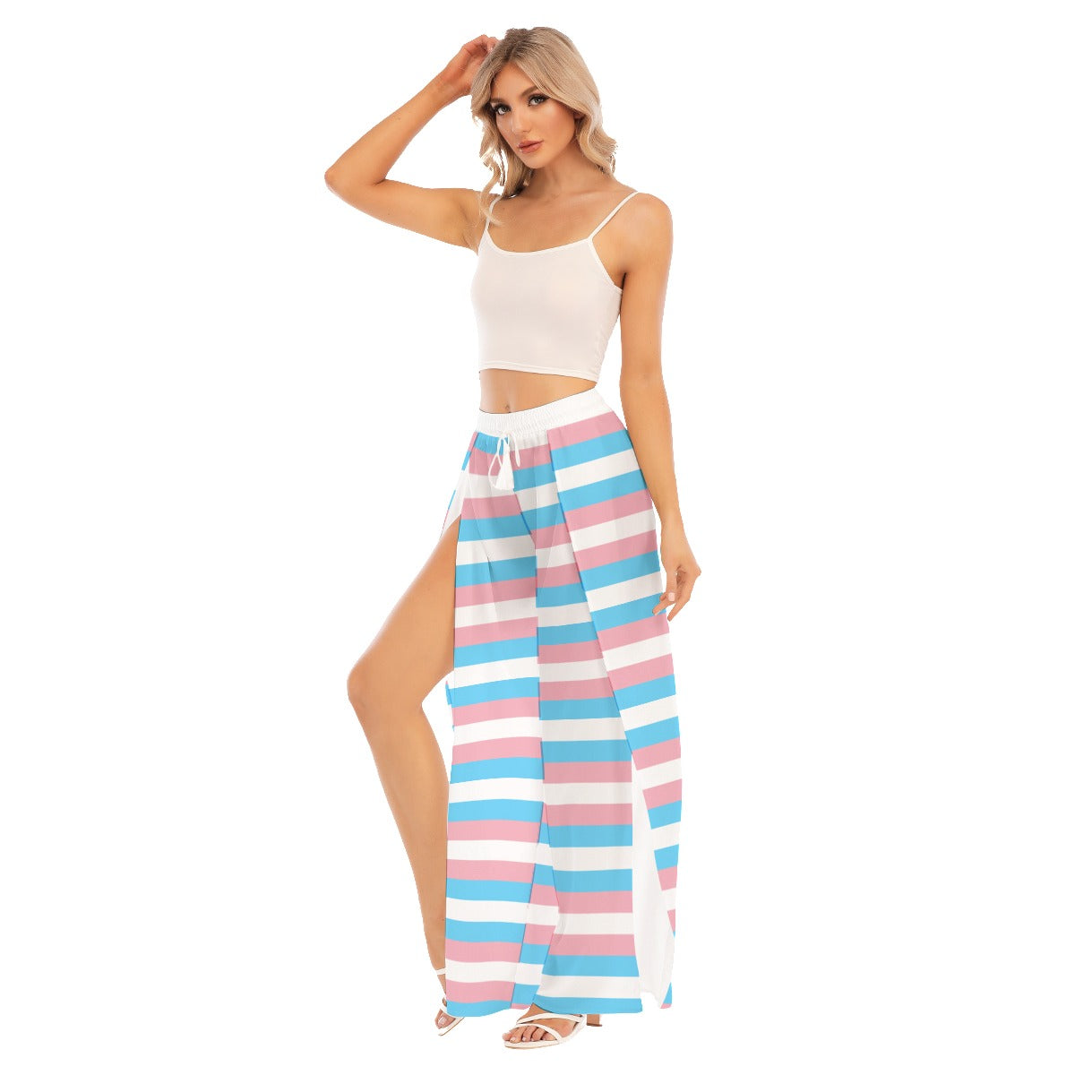 Trans Coloured Trans Pride Candy Striped Mid-Split Chiffon Beach Palazzo