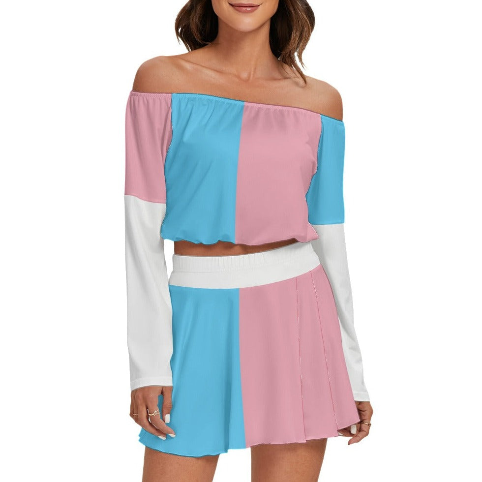 Blue Pink White Vive Le Paris Pride Off-Shoulder Top & Skater Skirt Set