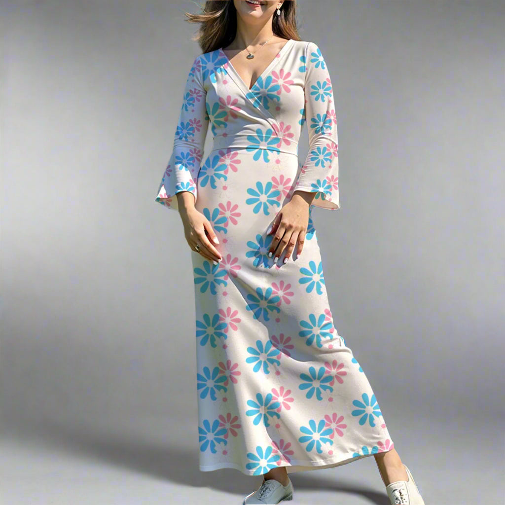 S - 6XL Long Sleeve Pride Daisy Cluster White Maxi Dress